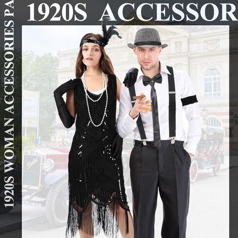 1920s Couple Cosplay Costume Roaring Retro Costume Accessories Set Fringed Dress Outfit Woman and Man Cosplay in Saudi Arabia