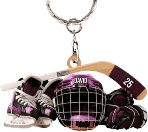 Custom Name Hockey Keychain – Personalized Acrylic Keychain Featuring Skates, Helmet, and Stick for Ice Hockey Enthusiasts and Team Gifts in Saudi Arabia