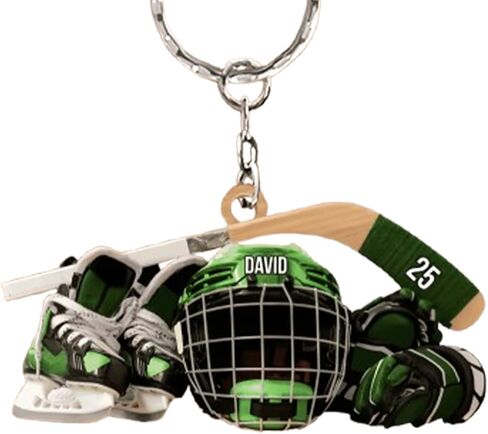 Custom Name Hockey Keychain – Personalized Acrylic Keychain Featuring Skates, Helmet, and Stick for Ice Hockey Enthusiasts and Team Gifts in Saudi Arabia