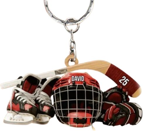 Custom Name Hockey Keychain – Personalized Acrylic Keychain Featuring Skates, Helmet, and Stick for Ice Hockey Enthusiasts and Team Gifts in Saudi Arabia