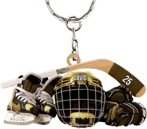 Custom Name Hockey Keychain – Personalized Acrylic Keychain Featuring Skates, Helmet, and Stick for Ice Hockey Enthusiasts and Team Gifts in Saudi Arabia