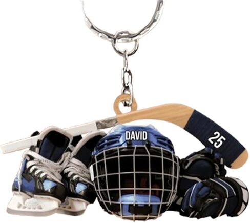 Custom Name Hockey Keychain – Personalized Acrylic Keychain Featuring Skates, Helmet, and Stick for Ice Hockey Enthusiasts and Team Gifts in Saudi Arabia