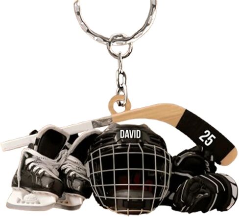 Custom Name Hockey Keychain – Personalized Acrylic Keychain Featuring Skates, Helmet, and Stick for Ice Hockey Enthusiasts and Team Gifts in Saudi Arabia