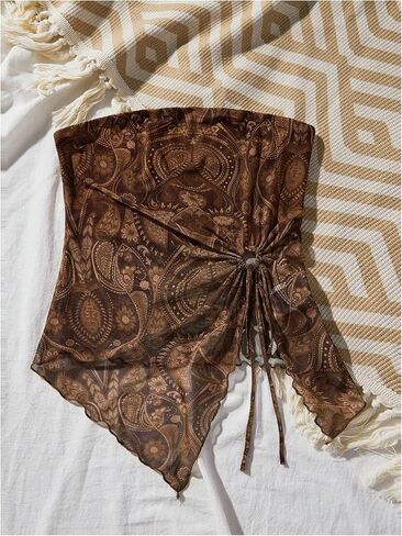 بلوزة GORGLITTER النسائية الشبكية غير المتماثلة بدون حمالات للخروج Y2K Bandeau Tops in Saudi Arabia