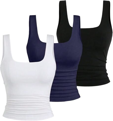 SOLY HUX Women's 3 Piece Square Neck Tank Top Summer Ruched Sleeveless Dressy Casual Tops in Saudi Arabia