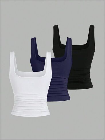 SOLY HUX Women's 3 Piece Square Neck Tank Top Summer Ruched Sleeveless Dressy Casual Tops in Saudi Arabia