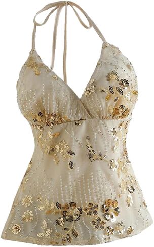 SweatyRocks Women's Sequin Tops Mesh Floral Embroidery Y2K Halter Top in Kuwait