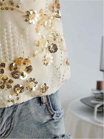 SweatyRocks Women's Sequin Tops Mesh Floral Embroidery Y2K Halter Top in Kuwait