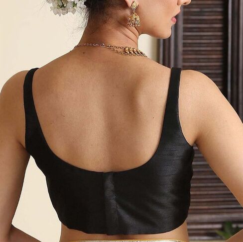 Dupion بلوزة ساري سادة بياقة واسعة وبدون أكمام وخطاف خلفي وإغلاق للعين Choli Sari in Saudi Arabia