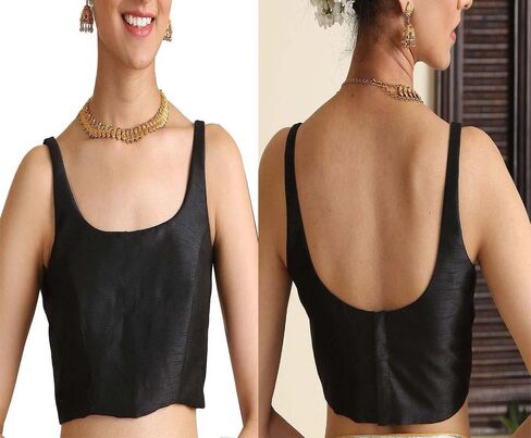 Dupion بلوزة ساري سادة بياقة واسعة وبدون أكمام وخطاف خلفي وإغلاق للعين Choli Sari in Saudi Arabia