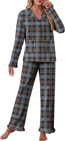 SHESHOW Women's Pajama Sets Christmas Pjs Plaid Ruffles Long Sleeve Button Down Sleepwear Soft Lounge Sets XS-XXL in Saudi Arabia