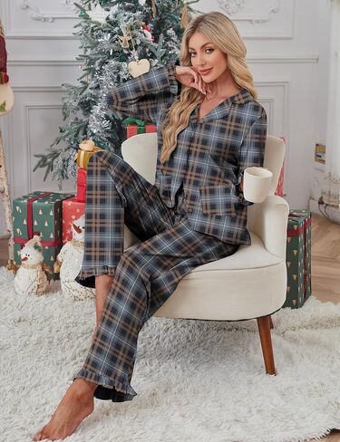 SHESHOW Women's Pajama Sets Christmas Pjs Plaid Ruffles Long Sleeve Button Down Sleepwear Soft Lounge Sets XS-XXL in Saudi Arabia