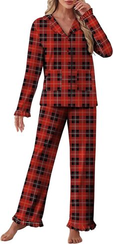 SHESHOW Women's Pajama Sets Christmas Pjs Plaid Ruffles Long Sleeve Button Down Sleepwear Soft Lounge Sets XS-XXL in Saudi Arabia