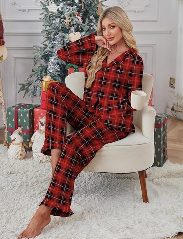 SHESHOW Women's Pajama Sets Christmas Pjs Plaid Ruffles Long Sleeve Button Down Sleepwear Soft Lounge Sets XS-XXL in Saudi Arabia