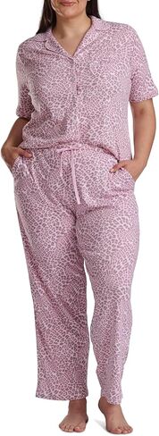 Karen Neuburger Women's [Plus Size] Button Up Notch Collar Elbow Sleeve Top and Pant Bottom with Lace 2-Piece Pajama Set in Saudi Arabia