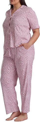 Karen Neuburger Women's [Plus Size] Button Up Notch Collar Elbow Sleeve Top and Pant Bottom with Lace 2-Piece Pajama Set in Saudi Arabia
