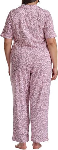 Karen Neuburger Women's [Plus Size] Button Up Notch Collar Elbow Sleeve Top and Pant Bottom with Lace 2-Piece Pajama Set in Saudi Arabia