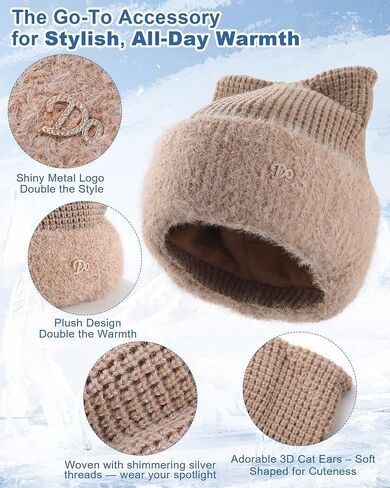 AWAYTR Cat Ear Beanie for Women - Sparkly Winter Beanie with Ears Warm Knit Hats with Silver Thread Cute Womens Winter Hat in Saudi Arabia
