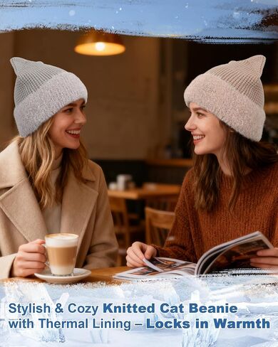 AWAYTR Cat Ear Beanie for Women - Sparkly Winter Beanie with Ears Warm Knit Hats with Silver Thread Cute Womens Winter Hat in Saudi Arabia
