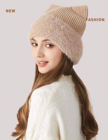 AWAYTR Cat Ear Beanie for Women - Sparkly Winter Beanie with Ears Warm Knit Hats with Silver Thread Cute Womens Winter Hat in Saudi Arabia