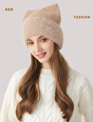 AWAYTR Cat Ear Beanie for Women - Sparkly Winter Beanie with Ears Warm Knit Hats with Silver Thread Cute Womens Winter Hat in Saudi Arabia
