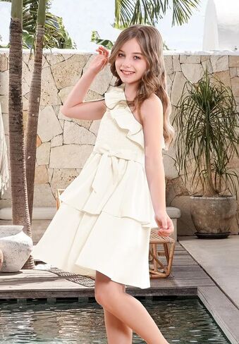 فساتين Zando للفتيات من Tween بكتف واحد وكشكشة وطبقات صيفية للحفلات للفتيات في سن المراهقة ملابس هدايا مقاس 5-14 in Kuwait