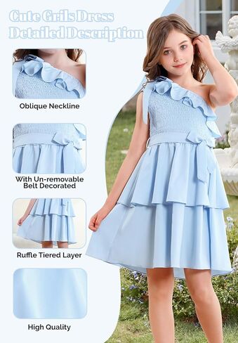 فساتين Zando للفتيات من Tween بكتف واحد وكشكشة وطبقات صيفية للحفلات للفتيات في سن المراهقة ملابس هدايا مقاس 5-14 in Kuwait