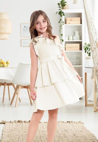 فساتين Zando للفتيات من Tween بكتف واحد وكشكشة وطبقات صيفية للحفلات للفتيات في سن المراهقة ملابس هدايا مقاس 5-14 in Kuwait