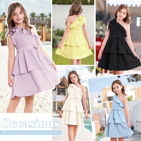 فساتين Zando للفتيات من Tween بكتف واحد وكشكشة وطبقات صيفية للحفلات للفتيات في سن المراهقة ملابس هدايا مقاس 5-14 in Kuwait