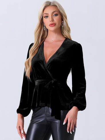 Allegra K Velvet Blouses for Women's Elegant Tie Waist Long Sleeve V Neck Wrap Peplum Blouse Top in Saudi Arabia