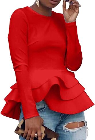 SEMATOMALA Women’s Elegant Peplum Zip Up Round Neck Long Sleeve Ruffle Hem Top Blazer Jacket Tailored Outwear in Saudi Arabia