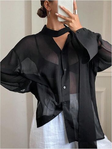 Women's Sheer Mesh Blouses Knot Front Button Down Shirts Long Sleeve See Through Tops in Saudi Arabia