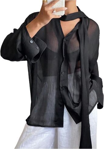 Women's Sheer Mesh Blouses Knot Front Button Down Shirts Long Sleeve See Through Tops in Saudi Arabia
