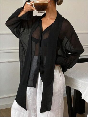 Women's Sheer Mesh Blouses Knot Front Button Down Shirts Long Sleeve See Through Tops in Saudi Arabia