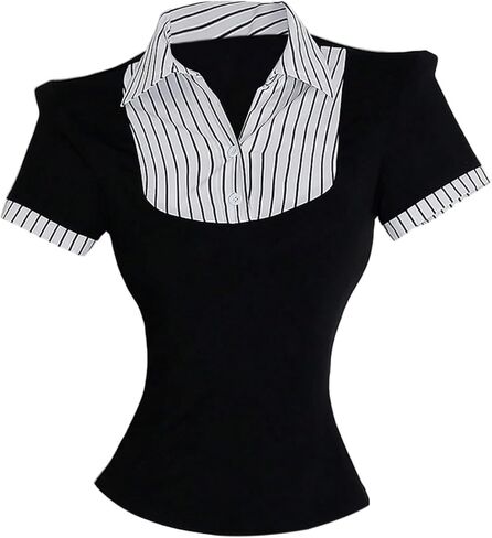 MakeMeChic Women's Fall Striped Blouse Short Sleeve 2 in 1 Collared Shirt Work Tops Teacher Outfits in Saudi Arabia