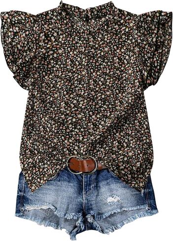 قمصان SHENHE النسائية Ditsy Floral Boho Tops كشكش وأكمام قصيرة ورقبة وهمية بلوزة صيفية غير رسمية in Kuwait