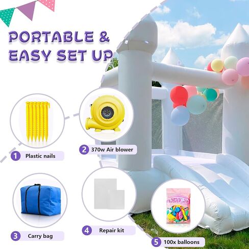 White Bounce House Without Blower Indoor Outdoor Bouncy Castle for Kids 2-8 Oxford Toddler Bounce House with Slide Balloon & Blower,103 x 71 x 90 inch,Kid Birthday Party Gifts （NO Blower） in Kuwait
