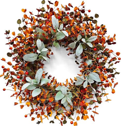 24-Inch Thanksgiving Harvest Wreath with Eucalyptus Leaves, Lamb's Ear & Orange Berries Autumn Decor -Fall Wreaths for Front Door, Wall, Farmhouse Style Indoor/Outdoor Hanging Decoration in Kuwait