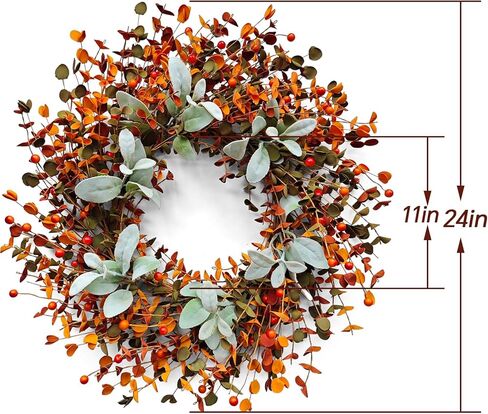 24-Inch Thanksgiving Harvest Wreath with Eucalyptus Leaves, Lamb's Ear & Orange Berries Autumn Decor -Fall Wreaths for Front Door, Wall, Farmhouse Style Indoor/Outdoor Hanging Decoration in Kuwait