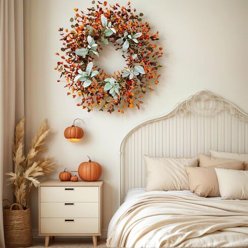 24-Inch Thanksgiving Harvest Wreath with Eucalyptus Leaves, Lamb's Ear & Orange Berries Autumn Decor -Fall Wreaths for Front Door, Wall, Farmhouse Style Indoor/Outdoor Hanging Decoration in Kuwait