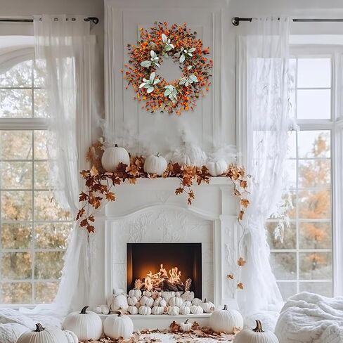 24-Inch Thanksgiving Harvest Wreath with Eucalyptus Leaves, Lamb's Ear & Orange Berries Autumn Decor -Fall Wreaths for Front Door, Wall, Farmhouse Style Indoor/Outdoor Hanging Decoration in Kuwait