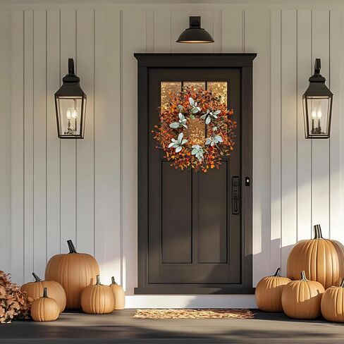 24-Inch Thanksgiving Harvest Wreath with Eucalyptus Leaves, Lamb's Ear & Orange Berries Autumn Decor -Fall Wreaths for Front Door, Wall, Farmhouse Style Indoor/Outdoor Hanging Decoration in Kuwait