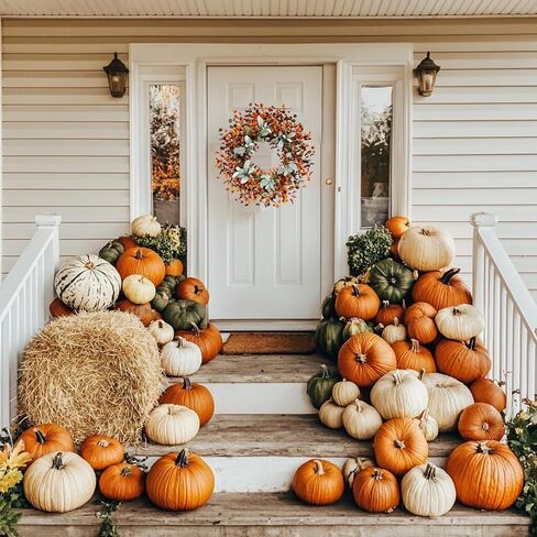 24-Inch Thanksgiving Harvest Wreath with Eucalyptus Leaves, Lamb's Ear & Orange Berries Autumn Decor -Fall Wreaths for Front Door, Wall, Farmhouse Style Indoor/Outdoor Hanging Decoration in Kuwait