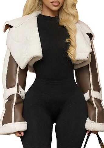 Women's Cropped PU Leather Jacket Winter Coat Fur Lined Faux Leather Jacket Shearing Moto Bomber Jackets Outwear in Kuwait