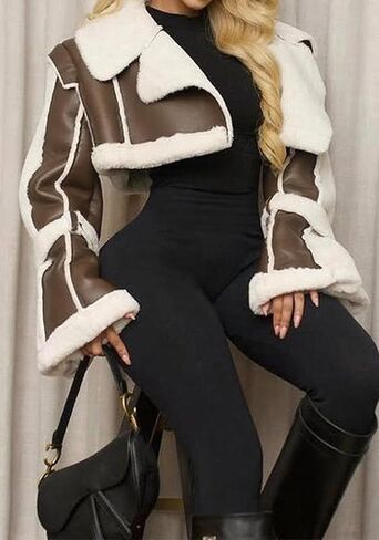 Women's Cropped PU Leather Jacket Winter Coat Fur Lined Faux Leather Jacket Shearing Moto Bomber Jackets Outwear in Kuwait