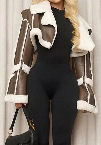 Women's Cropped PU Leather Jacket Winter Coat Fur Lined Faux Leather Jacket Shearing Moto Bomber Jackets Outwear in Kuwait