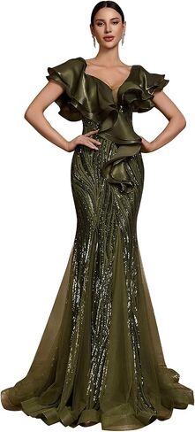 Elegant Floor Length Dresses Women Formal V Neck Sequin Evening Gowns Event Gala Mermaid Mesh Prom Ball Dress Luxury in Kuwait