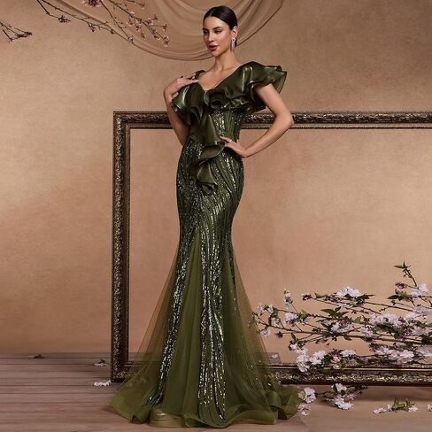 Elegant Floor Length Dresses Women Formal V Neck Sequin Evening Gowns Event Gala Mermaid Mesh Prom Ball Dress Luxury in Kuwait