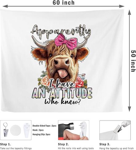 Highland Cow Tapestry, Cowgirl Room Decor, Apparently I Have an Attitude Who Knew Tapestries Wall Blanket for Girls Bedroom Living Room Home, 50x60 Inch in Saudi Arabia