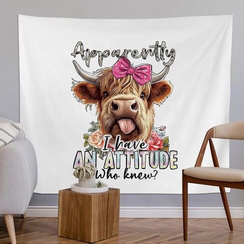 Highland Cow Tapestry, Cowgirl Room Decor, Apparently I Have an Attitude Who Knew Tapestries Wall Blanket for Girls Bedroom Living Room Home, 50x60 Inch in Saudi Arabia